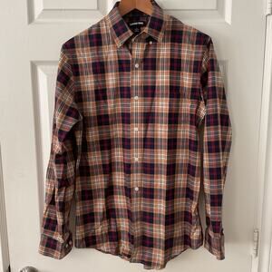 Lands End Button Up Shirt Men S Tan Blue Plaid Cotton No Iron Twill Preppy